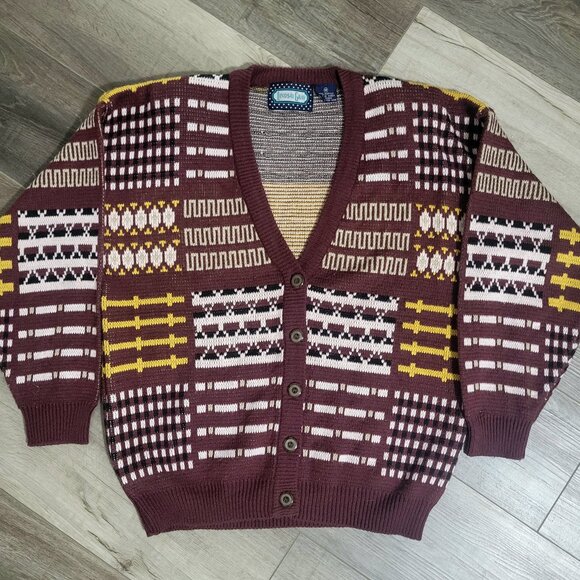 Vintage Lindsay Gray 90s Maroon Geometric Patchwork Cardigan Sweater M - Picture 1 of 5